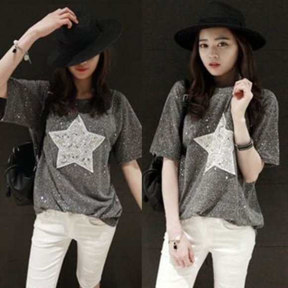 Short-Sleeve Star Printed Glitter T-Shirt Tee Size Small Gray - Picture 2 of 10